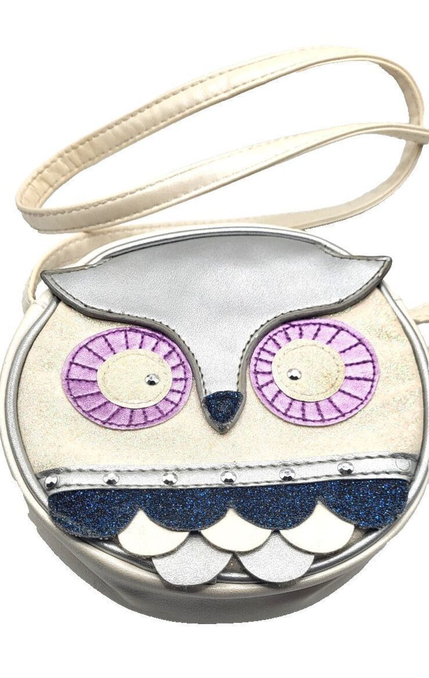 est 1989 Place Vegan Leather Glitter Owl Purse 6in dia 32in strap
